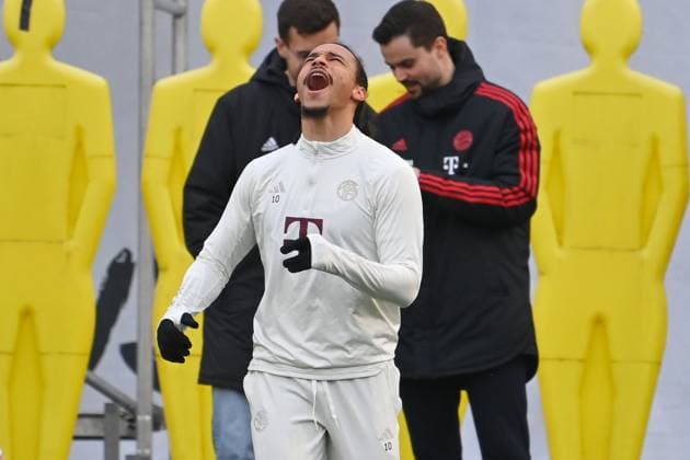 Leroy SANE Bayern Muenchen , laughing,laughing,laughing,optimistic,good-humored,action,single image,cropped single motif,half figure,half figure Football Champions League FINAL TRAINING before round of 16 return match FC Bayern Muenchen Lazio Rome on 04 03 2024