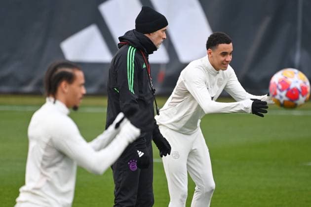 Coach Thomas TUCHEL Bayern Muenchen lio Leroy SANE Bayern Muenchen , re Jamal MUSIALA Bayern Muenchen Soccer Champions League FINAL TRAINING before round of 16 return match FC Bayern Muenchen Lazio Rome on 04 03 2024