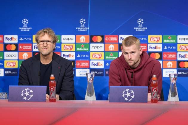 Soccer, UEFA Champions League, 20240304, Press conference FC Bayern Munich SS Lazio Rome In the picture FC Bayern Munich press spokesman Dieter NICKLES and Matthijs DE LIGT FC Bayern Munich, 4 Munich Allianz Arena Bayern Germany Copyright: Passion2Press MarkusxFischerx
