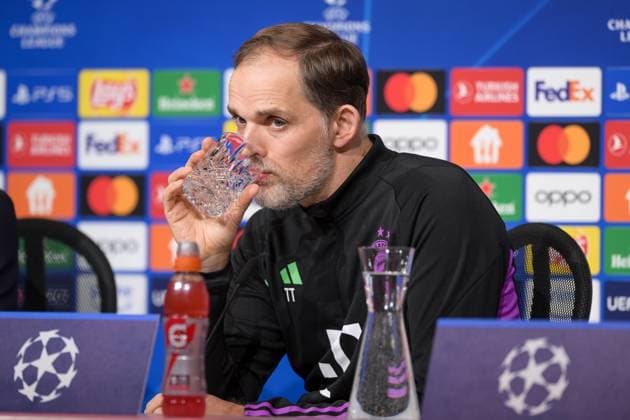Soccer, UEFA Champions League, 20240304, Press conference FC Bayern Munich SS Lazio Rome In the picture Coach of FC Bayern Munich Thomas TUCHEL drinks Munich Allianz Arena Bayern Germany Copyright: Passion2Press MarkusxFischerx