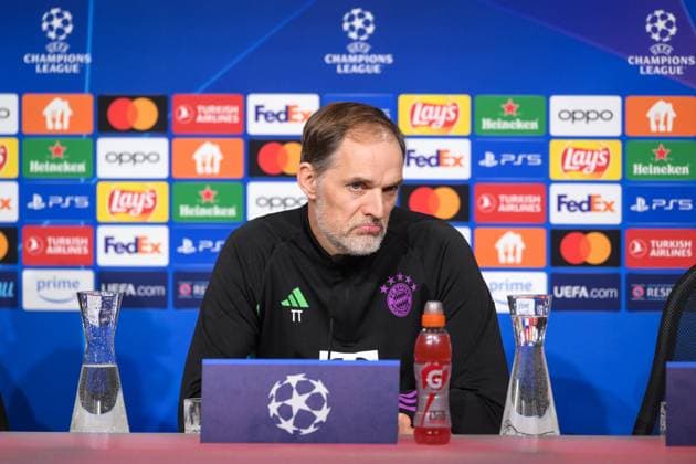 Soccer, UEFA Champions League, 20240304, Press conference FC Bayern Munich SS Lazio Rome In the picture Coach of FC Bayern Munich Thomas TUCHEL Gestures Mimig unimpressed asking Munich Allianz Arena Bayern Germany Copyright: Passion2Press MarkusxFischerx
