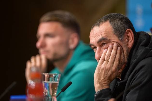 Soccer, UEFA Champions League, 20240304, Press conference FC Bayern Munich SS Lazio Rome In the picture coach of SS Lazio Rome Maurizio SARRI in the background Ciro IMMOBILE SS Lazio Rome, 17 Munich Allianz Arena Bayern Germany Copyright: Passion2Press MarkusxFischerx