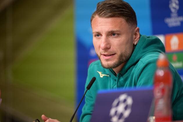 Soccer, UEFA Champions League, 20240304, Press conference FC Bayern Munich SS Lazio Rome In the picture Ciro IMMOBILE SS Lazio Rome, 17 speaks Munich Allianz Arena Bayern Germany Copyright: Passion2Press MarkusxFischerx
