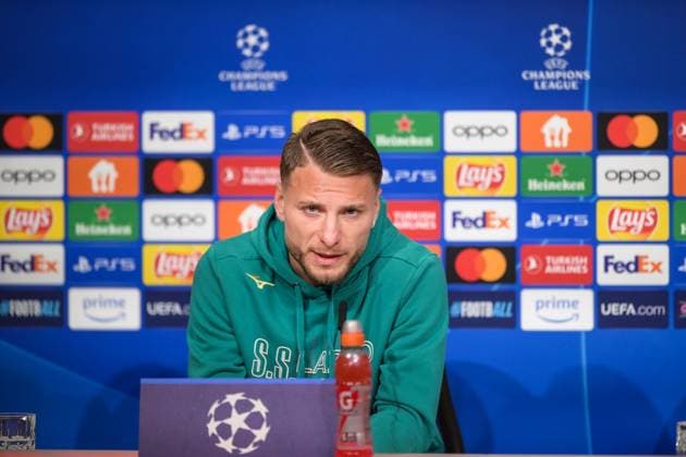 Soccer, UEFA Champions League, 20240304, Press conference FC Bayern Munich SS Lazio Rome In the picture Ciro IMMOBILE SS Lazio Rome, 17 speaks Munich Allianz Arena Bayern Germany Copyright: Passion2Press MarkusxFischerx