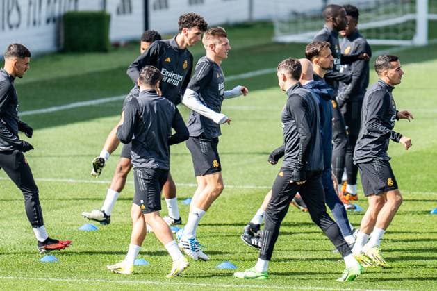Jude Bellingham, Antonio Ruediger , Eduardo Camavinga, Vinicius Junior, Luka Modric, Ferland Mendy, Daniel Carvajal, Lucas Vazquez, Toni Kroos, Federico Valverde, Arda Gueler, Nacho Fernandes Final training Real Madrid before Real Madrid vs RB Leipzig, Football, UEFA Champions League, Round of 16, 05 03 2024 Final training Real Madrid before Real Madrid vs RB Leipzig, Football, UEFA Champions League, Round of 16, 05 03 2024 Madrid Copyright: xEibner-Pressefoto BahhoxKarax EP_BKA