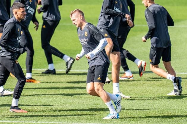 Jude Bellingham, Antonio Ruediger , Eduardo Camavinga, Vinicius Junior, Luka Modric, Ferland Mendy, Daniel Carvajal, Lucas Vazquez, Toni Kroos, Federico Valverde, Arda Gueler, Nacho Fernandes Final training Real Madrid before Real Madrid vs RB Leipzig, Football, UEFA Champions League, Round of 16, 05 03 2024 Final training Real Madrid before Real Madrid vs RB Leipzig, Football, UEFA Champions League, Round of 16, 05 03 2024 Madrid Copyright: xEibner-Pressefoto BahhoxKarax EP_BKA