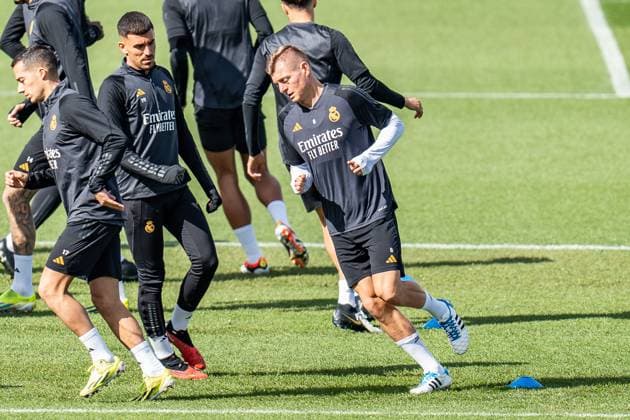 Jude Bellingham, Antonio Ruediger , Eduardo Camavinga, Vinicius Junior, Luka Modric, Ferland Mendy, Daniel Carvajal, Lucas Vazquez, Toni Kroos, Federico Valverde, Arda Gueler, Nacho Fernandes Final training Real Madrid before Real Madrid vs RB Leipzig, Football, UEFA Champions League, Round of 16, 05 03 2024 Final training Real Madrid before Real Madrid vs RB Leipzig, Football, UEFA Champions League, Round of 16, 05 03 2024 Madrid Copyright: xEibner-Pressefoto BahhoxKarax EP_BKA