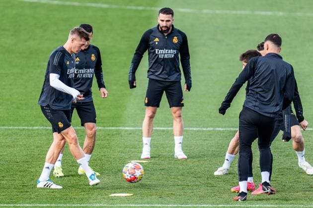 Jude Bellingham, Antonio Ruediger , Eduardo Camavinga, Vinicius Junior, Luka Modric, Ferland Mendy, Daniel Carvajal, Lucas Vazquez, Toni Kroos Final training Real Madrid before Real Madrid vs RB Leipzig, Football, UEFA Champions League, Round of 16, 05 03 2024 Final training Real Madrid before Real Madrid vs RB Leipzig, Football, UEFA Champions League, Round of 16, 05 03 2024 Madrid Copyright: xEibner-Pressefoto BahhoxKarax EP_BKA