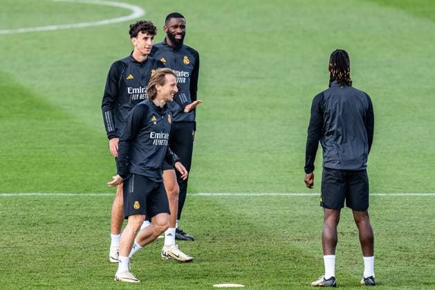 Jude Bellingham, Antonio Ruediger , Eduardo Camavinga, Vinicius Junior, Luka Modric, Ferland Mendy Final training Real Madrid before Real Madrid vs RB Leipzig, Football, UEFA Champions League, Round of 16, 05 03 2024 Final training Real Madrid before Real Madrid vs RB Leipzig, Football, UEFA Champions League, Round of 16, 05 03 2024 Madrid Copyright: xEibner-Pressefoto BahhoxKarax EP_BKA