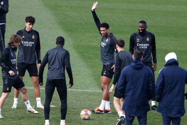 March 5, 2024, Valdebebas, Madrid, SPAIN: Jude Bellingham of Real Madrid during the training day of Real Madrid prior the UEFA Champions League, Round of 16, football match against RB Leipzig at Ciudad Deportiva Real Madrid on March 05, 2024, in Madrid, Spain. Valdebebas SPAIN - ZUMAa181 20240305_zaa_a181_022 Copyright: xOscarxJ.xBarrosox