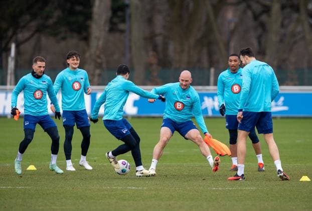 Football, Men, Season 2023 2024, 1 Bundesliga, Hertha BSC, Training, f l Peter Pekarik Hertha BSC , Fabian Reese Hertha BSC , Ibrahim Maza Hertha BSC , Toni Leistner Hertha BSC , Bradley Ibrahim Hertha BSC , Haris Tabakovic Hertha BSC , 05 03 2024, Copyright: xSebastianxRäppold MatthiasxKochx