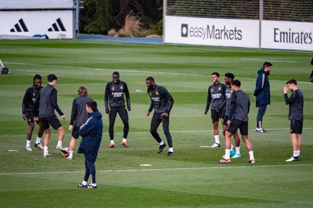 Uefa Champions League 2024: Real Madrid press conference, PK, Pressekonferenz match against RB Leipzig Antonio Rudiger of Real Madrid runs in the middle of his teammates during the training of the day before the second leg of the round of 16 football match of Champions League against RB Leipzig at Ciudad Real Madrid in Valdebebas, Madrid. Valdebebas Ciudad Real Madrid Madrid Spain Copyright: xAlbertoxGardinx AGardin_20240305_football_Champions_League_Real_Madrid_training_326