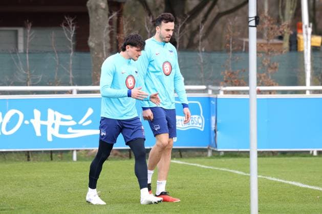 DEU, DFL, 2 FBL Hertha BSC, Training, 05 03 2024, Sportforum, Berlin, DEU, DFL, 2 FBL Hertha BSC, Training, in the picture Fabian Reese Hertha BSC Berlin 11 , Haris Tabakovic Hertha BSC Berlin 25 DFL regulations prohibit any use of Photographs as image sequences and or quasi video Foto Juergen Engler nordphoto GmbH nordphotoxGmbHx xEngler nph00076