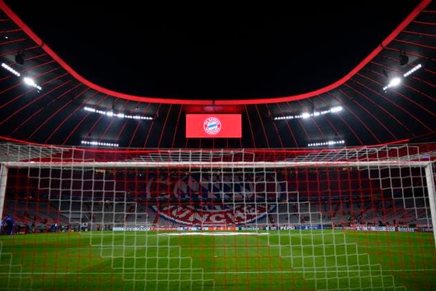before kick-off empty interior goal net goal scoreboard pitch stand FC Bayern Muenchen FCB vs Lazio Rome round of 16 second leg 05 03 2024 DFL REGULATIONS PROHIBIT ANY USE OF PHOTOGRAPHS AS IMAGE SEQUENCES AND OR QUASI VIDEO FC Bayern Muenchen FCB vs Lazio Rome