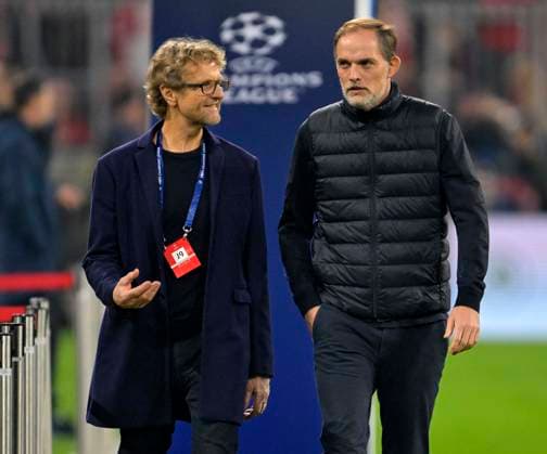 05 03 2024, Football UEFA Championsleague 2023 2024 Round of 16, FC Bayern Munich Lazio Rome, in the Allianz Arena Munich Press spokesman Dieter Nickles FC Bayern Munich and coach Thomas Tuchel FC Bayern Munich DFL and DFB regulations prohibit any use of photographs as image sequences and or quasi video