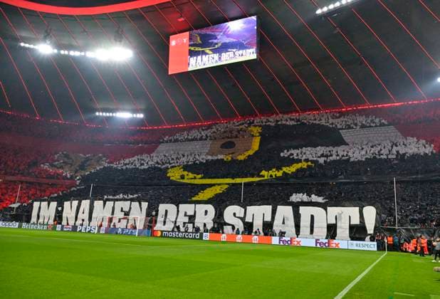 05 03 2024, Football UEFA Championsleague 2023 2024 Round of 16, FC Bayern Munich Lazio Roma, in the Allianz Arena Munich In the name of the city Choreography DFL and DFB regulations prohibit any use of photographs as image sequences and or quasi video