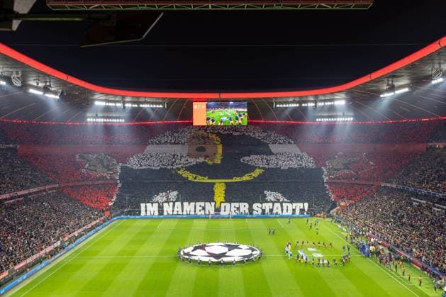 Fans FC Bayern Muenchen with choreography, in the name of the city, FC Bayern Muenchen vs S S Lazio Rome, Champions League, football, round of 16, second leg, 05 03 2024 Muenchen Bayern Germany Copyright: xkolbert-press ChristianxKolbertx