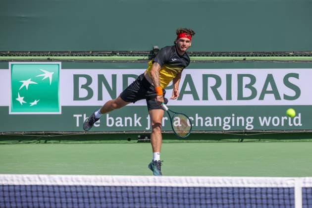INDIAN WELLS, CA - MARCH 05: Thiago Seyboth Wild (BRA) serves during the qualifying round for the BNP Paribas Open on March 5, 2024 at Indian Wells Tennis Garden in Indian Wells. CA. (Photo by George Walker Icon Sportswire) TENNIS: MAR 05 BNP Paribas Open EDITORIAL USE ONLY Icon240305016