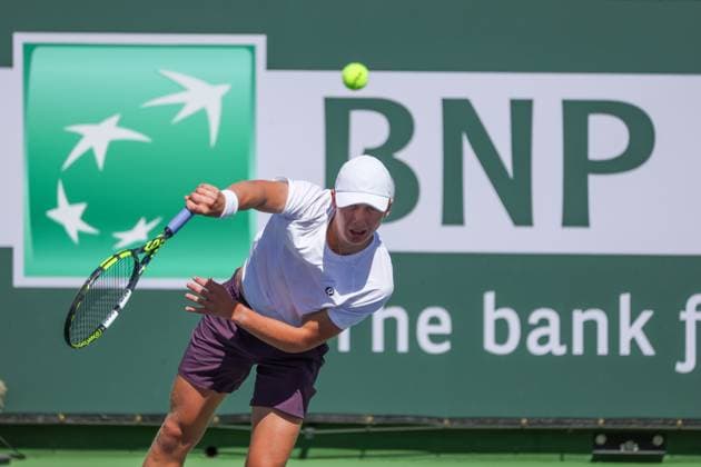 INDIAN WELLS, CA - MARCH 05: Ethan Quinn (USA) serves during the qualifying round for the BNP Paribas Open on March 5, 2024 at Indian Wells Tennis Garden in Indian Wells. CA. (Photo by George Walker Icon Sportswire) TENNIS: MAR 05 BNP Paribas Open EDITORIAL USE ONLY Icon240305020