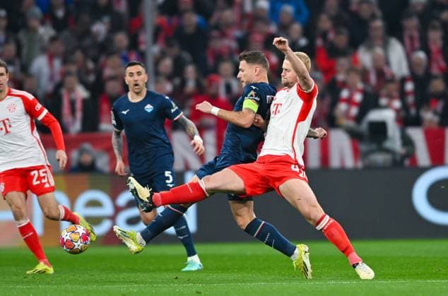 Germany, Muenchen, 05 03 2024, Allianz Arena, FC Bayern Muenchen vs SS Lazio UEFA Champions League 2023 24 Round of 16 Second Leg, Luis Alberto SS Lazio and Matthijs de Ligt Bayern Muenchen battle for the ball Munich Allianz Arena Bavaria Germany eu-images-738