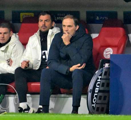 05 03 2024, Football UEFA Championsleague 2023 2024 Round of 16, FC Bayern Munich Lazio Rome, in the Allianz Arena Munich f l Co coach Zsolt Löw FC Bayern Munich and coach Thomas Tuchel FC Bayern Munich DFL and DFB regulations prohibit any use of photographs as image sequences and or quasi video