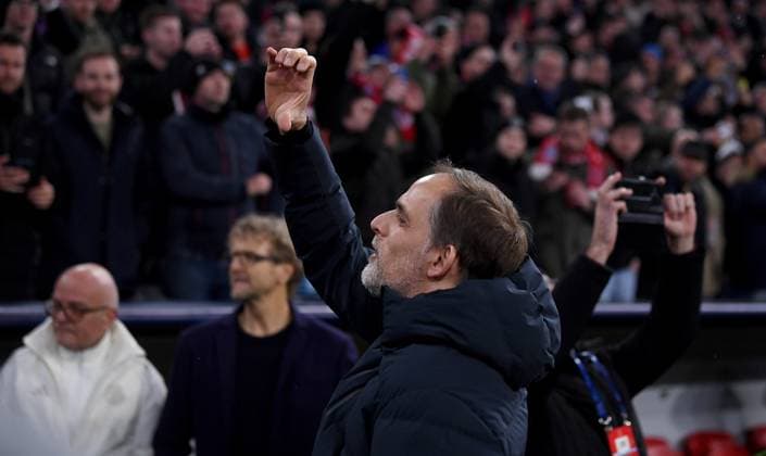 FOOTBALL CHAMPIONS LEAGUE SEASON 2023 2024 Round of 16 second leg 05 03 2024 FC Bayern Muenchen Lazio Rome Coach Thomas Tuchel FC Bayern Muenchen shows a heart