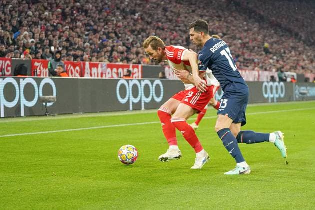 Harry Kane 9 FC Bayern and Alessio Romagnoli 13 Lazio Rome in action during the Champions League match FC Bayern Munich Lazio Rome on 05 03 2024 Munich Allianz Arena Bayern Germany