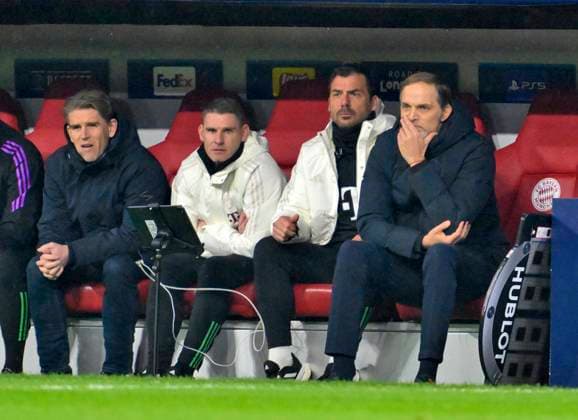 05 03 2024, Football UEFA Championsleague 2023 2024 Round of 16, FC Bayern Munich Lazio Rome, in the Allianz Arena Munich f l Sports Director Christoph Freund Bayern Munich , Co Coach Bayern Munich ,, Co Coach Zsolt Löw FC Bayern Munich and Coach Thomas Tuchel FC Bayern Munich make long faces DFL and DFB regulations prohibit any use of photographs as image sequences and or quasi video