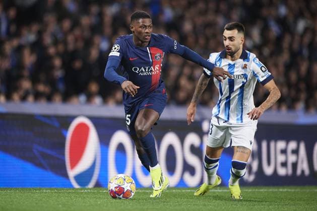 Nuno Mendes of Paris Saint Germain in action during the UEFA Champions League match between Real Sociedad v Paris Saint Germain at Reale Arena on March 5, 2024 in San Sebastian (Photo by: LGM) FOOTBALL : Real Sociedad vs Paris Saint Germain - UEFA Ligue des Champions - 05 03 2024 LGM Panoramic 
