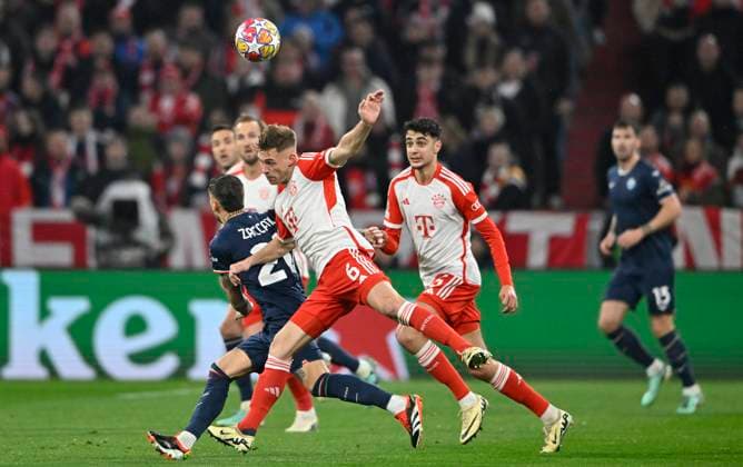 duel, action Mattia Zaccagni Lazio Rome 20 vs Joshua Kimmich FC Bayern Muenchen FCB 06 FC Bayern Muenchen FCB vs Lazio Rome Round of 16 second leg 05 03 2024 DFL REGULATIONS PROHIBIT ANY USE OF PHOTOGRAPHS AS IMAGE SEQUENCES AND OR QUASI VIDEO FC Bayern Muenchen FCB vs Lazio Rome