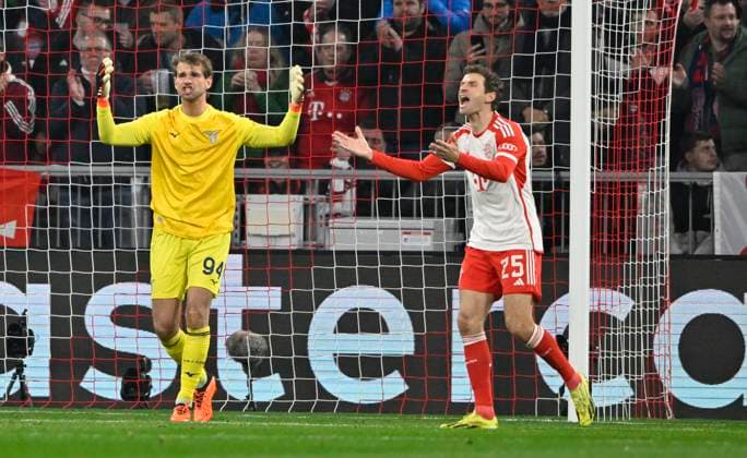 Goalkeeper Ivan Provedel Lazio Rome 94 Gesture Gesture Thomas Mueller FC Bayern Muenchen FCB 25 Disappointment disappointed after missed goal chance Gesture Gesture FC Bayern Muenchen FCB vs Lazio Rome Round of 16 second leg 05 03 2024 DFL REGULATIONS PROHIBIT ANY USE OF PHOTOGRAPHS AS IMAGE SEQUENCES AND OR QUASI VIDEO FC Bayern Muenchen FCB vs Lazio Rome