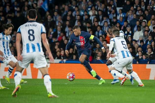 Real Sociedad Vs PSG Kylian Mbappe of PSG in action during the UEFA Champions League Round of 16, 2nd leg match between Real Sociedad and Paris Saint Germain at Reale Arena. Donostia Gipuzkoa Spain Editorial Use Only  Copyright: xGarikoitzxGaraialdex Bostok Photo GarixGaraialdex GG2403050070