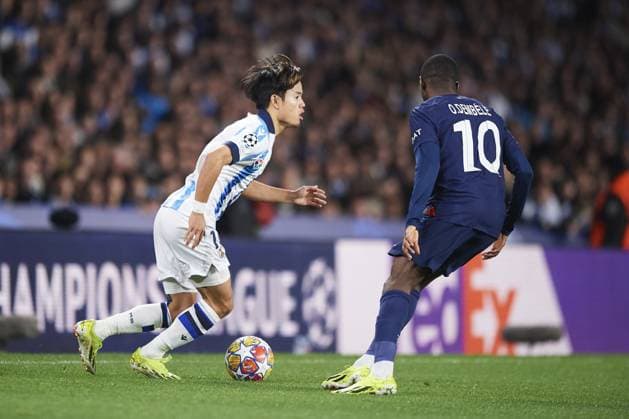 Takefusa Kubo of Real Sociedad in action during the UEFA Champions League match between Real Sociedad v Paris Saint Germain at Reale Arena on March 5, 2024 in San Sebastian (Photo by: LGM) FOOTBALL : Real Sociedad vs Paris Saint Germain - UEFA Ligue des Champions - 05 03 2024 LGM Panoramic 