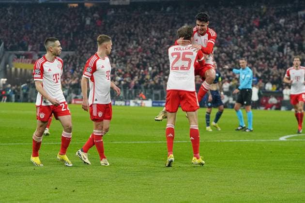 Thomas Müller 25 FC Bayern and Aleksandar Pavlovic 45 FC Bayern celebrate the 1-0 goal during the Champions League match FC Bayern Munich Lazio Rome on 05 03 2024 Munich Allianz Arena Bayern Germany