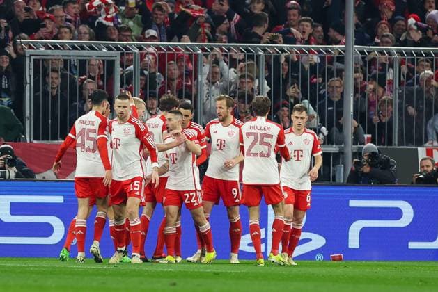 the team celebrates the goal by Harry Kane 9 FC Bayern Muenchen for 1 0, Alexandar Pavlovic 45 FC Bayern Muenchen , Eric Dier 15 FC Bayern Muenchen , Raphael Guerreiro 22 FC Bayern Muenchen , Thomas Mueller 25 FC Bayern Muenchen , Joshua Kimmich 6 FC Bayern Muenchen , FC Bayern Muenchen vs S S Lazio Rome, Champions League, Football, Round of 16, second leg, 05 03 2024 Muenchen Bayern Germany Copyright: xkolbert-press ChristianxKolbertx