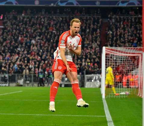 05 03 2024, Football UEFA Championsleague 2023 2024 Round of 16, FC Bayern Munich Lazio Rome, in the Allianz Arena Munich Harry Kane FC Bayern Munich cheers DFL and DFB regulations prohibit any use of photographs as image sequences and or quasi video