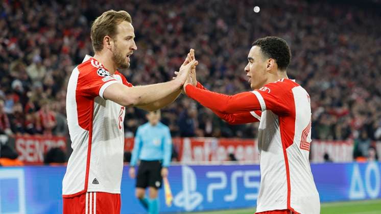 Picture from left goal scorer Harry Kane FC Bayern Muenchen, 9 and Jamal Musiala FC Bayern Muenchen, 42 cheering after the goal to 1 0, cheering, cheering, cheering, emotions 05 03 2024, Football, Champions League, Round of 16, Bayern Muenchen Lazio Rome, GER, Muenchen, Allianz Arena, DFL REGULATIONS PROHIBIT ANY USE OF PHOTOGRAPHS AS IMAGE SEQUENCES AND OR QUASI VIDEO Copyright: HMBxMedia xHeikoxBecker