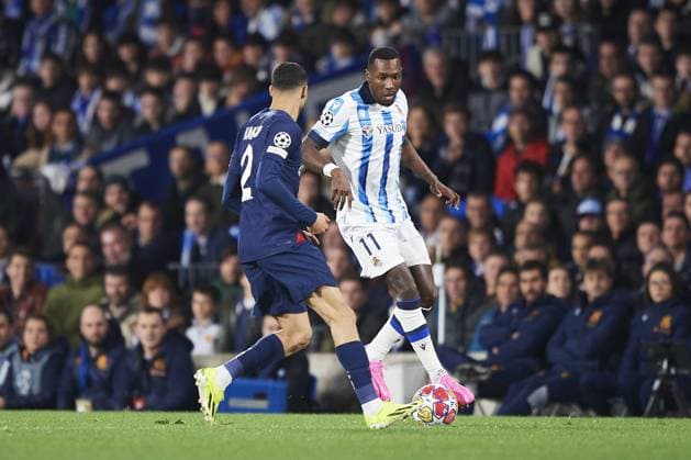 Sheraldo Becker of Paris Saint Germain runs with the ball during the UEFA Champions League match between Real Sociedad v Paris Saint Germain at Reale Arena on March 5, 2024 in San Sebastian (Photo by: LGM) FOOTBALL : Real Sociedad vs Paris Saint Germain - UEFA Ligue des Champions - 05 03 2024 LGM Panoramic 