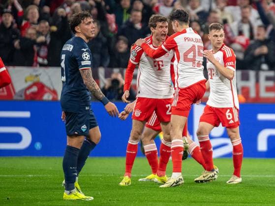 Thomas Mueller FC Bayern Muenchen, 25 and Aleksandar Pavlovic FC Bayern Muenchen, 45 after goal for 1 0 by Harry Kane FC Bayern Muenchen, 09 , Luca Pellegrini Lazio Rome, 03 is disappointed, dissatisfied, GER, FC Bayern Muenchen FCB vs Lazio Rome SSL , Football, UEFA Champions League, Round of 16 second leg, 2023 2024 season, 05 03 2024, DFB DFL regulations prohibit any use of photographs as image sequences and or quasi video , GER, FC Bayern Muenchen FCB vs Lazio Rome SSL , Football, UEFA Champions League, Round of 16 second leg, 2023 2024 season, 05 03 2024 Muenchen Copyright: xEibner-Pressefoto SaschaxWaltherx EP_EER