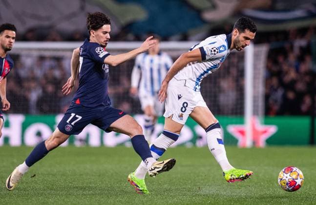 UEFA Champions League soccer match round of 16, second leg soccer match between Real Sociedad and Paris Saint Germain (PSG) at Reale Arena Stadium in San Sebastian, Spain 05 March 2024 Vitinha and Mikel Merino 900 Cordon Press  900 CordonxPress LOF - UEFA Champions League Real Sociedad vs PSG