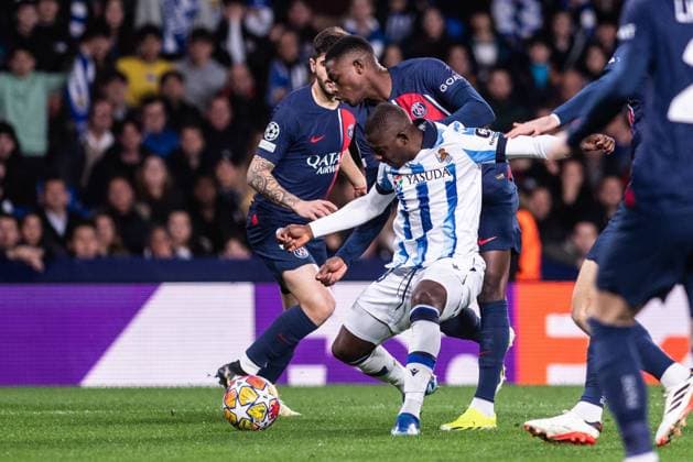 UEFA Champions League soccer match round of 16, second leg soccer match between Real Sociedad and Paris Saint Germain (PSG) at Reale Arena Stadium in San Sebastian, Spain 05 March 2024 Nuno Mendes and Traore 900 Cordon Press  900 CordonxPress LOF - UEFA Champions League Real Sociedad vs PSG