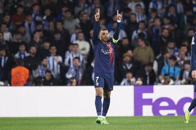 Kylian Mbappe of Paris Saint Germain celebrates his goal during the UEFA Champions League match between Real Sociedad v Paris Saint Germain at Reale Arena on March 5, 2024 in San Sebastian (Photo by: LGM) FOOTBALL : Real Sociedad vs Paris Saint Germain - UEFA Ligue des Champions - 05 03 2024 LGM Panoramic 