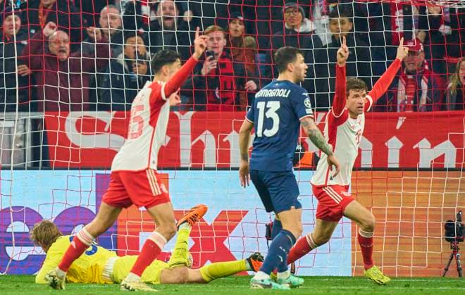 Thomas MUELLER, MÜLLER, FCB 25 celebrates his goal, happy, laugh, celebration, 2-0 in the round of 16 match FC BAYERN MUENCHEN - LAZIO ROM of football UEFA Champions League in season 2023 2024 in Munich, Mar 5, 2024. Achtelfinale,, FCB, München