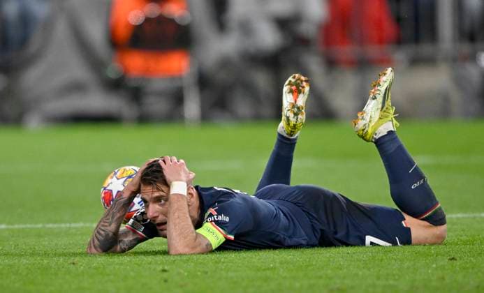Ciro Immobile Lazio Rome 17 Disappointment disappointed after missed goal chance Gesture Gesture FC Bayern Muenchen FCB vs Lazio Rome Round of 16 second leg 05 03 2024 DFL REGULATIONS PROHIBIT ANY USE OF PHOTOGRAPHS AS IMAGE SEQUENCES AND OR QUASI VIDEO FC Bayern Muenchen FCB vs Lazio Rome