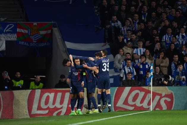 March 5, 2024, San Sebastian, Guipuzcoa, SPAIN: Kylian Mbappe of Paris Saint-Germain celebrates after scoring the team s first goal with his teammates during the UEFA Champions League match between Real Sociedad and Paris Saint-Germain at Reale Arena on March 5, 2024, in San Sebastian, Spain. San Sebastian SPAIN - ZUMAa181 20240305_zaa_a181_107 Copyright: xRicardoxLarreinax