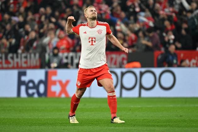 Muenchen, Allianz Arena, 05 03 24, GER, Men, UEFA Champions League, Round of 16, Season 2023 2024, FC Bayern Muenchen Lazio Rom Picture Matthijs DE LIGT Muenchen cheers after the 2-0 goal by Thomas MUELLER Muenchen Only for editorial use UEFA regulations prohibit any use of photographs as image sequences and or quasi video Bayern Germany