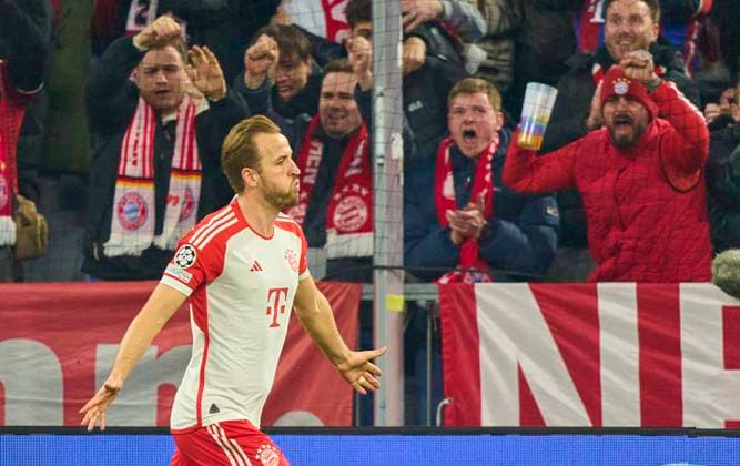 Harry Kane, FCB 9 scores, shoots goal , Tor, Treffer, Torschuss, 1-0, Ivan Provedel, Lazio Rom Nr. 94 in the round of 16 match FC BAYERN MUENCHEN - LAZIO ROM of football UEFA Champions League in season 2023 2024 in Munich, Mar 5, 2024. Achtelfinale,, FCB, München