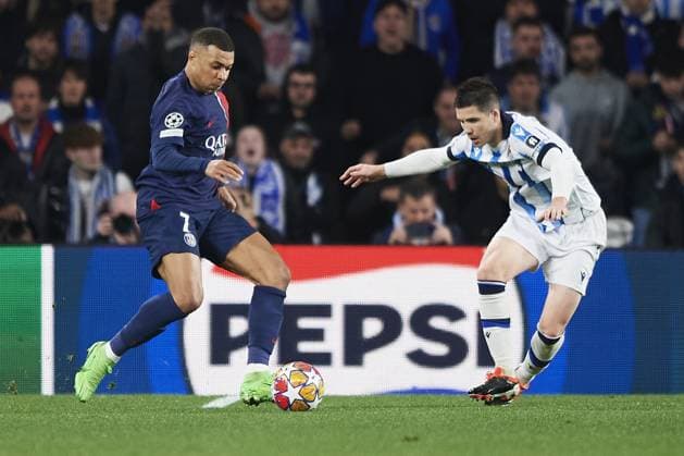 Kylian Mbappe of Paris Saint Germain looks to pass the ball during the UEFA Champions League match between Real Sociedad v Paris Saint Germain at Reale Arena on March 5, 2024 in San Sebastian (Photo by: LGM) FOOTBALL : Real Sociedad vs Paris Saint Germain - UEFA Ligue des Champions - 05 03 2024 LGM Panoramic 