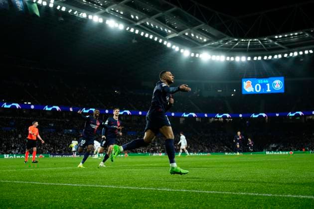 Real Sociedad v Paris Saint-Germain: Round of 16 Second Leg - UEFA Champions League 2023 24 Kylian Mbappe Centre-Forward of PSG and France celebrates after scoring his sides second goal during the UEFA Champions League 2023 24 round of 16 second leg match between Real Sociedad and Paris Saint-Germain at Reale Arena on March 5, 2024 in San Sebastian, Spain. San Sebastian Spain  Copyright: xJosexBretonx originalFilename:breton-realsoci240305_npHYn.jpg