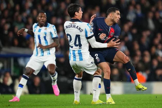 ESP: Real Sociedad v Paris Saint Germain. UEFA Champions League match, Round of 16 Robin Le Normand of Real Sociedad and Achraf Hakimi of Paris Saint-Germain during the UEFA Champions League match, Round of 16, 2nd leg, between Real Sociedad and Paris Saint Germain PSG played at Reale Arena Stadium on March 5, 2024 in San Sebastian, Spain. kpng Copyright: xBaguxBlancox xPRESSINPHOTOx PS_240305_035